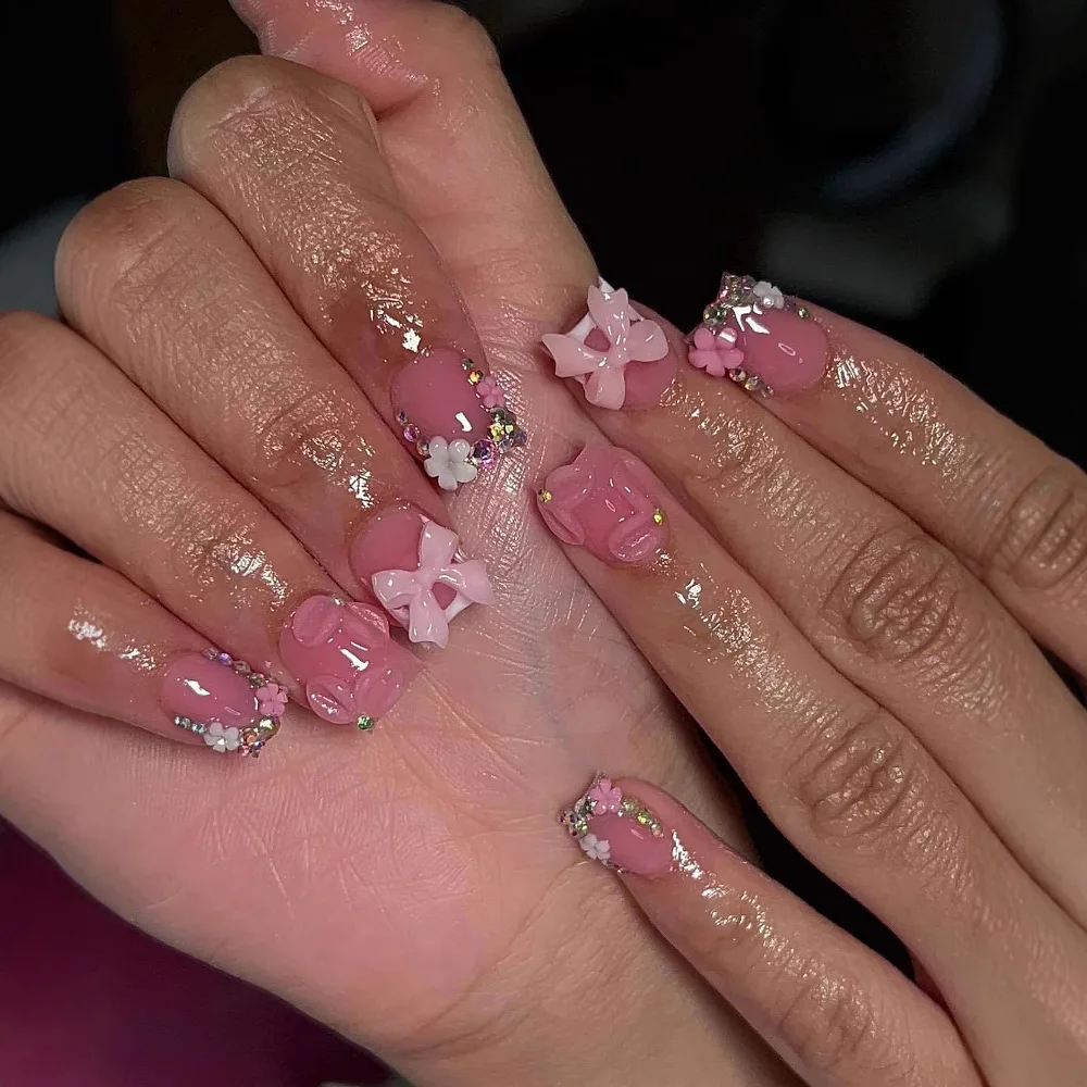 

24Pcs Pink Square Head Fake Nails Press on Flower Bow Rhinestone Design Nails Set with Jelly Glue Wearable French False Nails