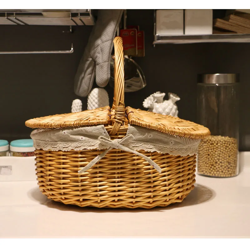 Großer Wier-Korb, Picknickkorb mit Deckel, tragbarer Aufbewahrungskorb, aus Bambus gewebter Geschenkkorb, Country Sle Obstkorb