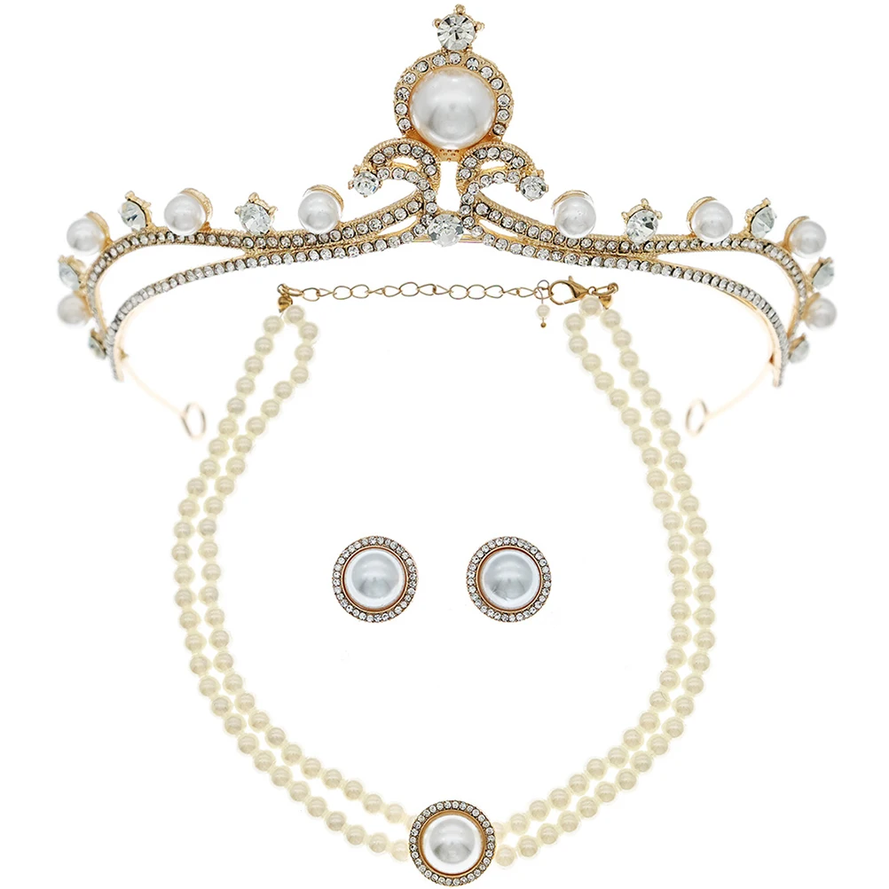 

Pearl Necklace Set Faux Pearl Earrings Crown Tiara Bridal Women Gold Costume Accessories Wedding Party Jewelry