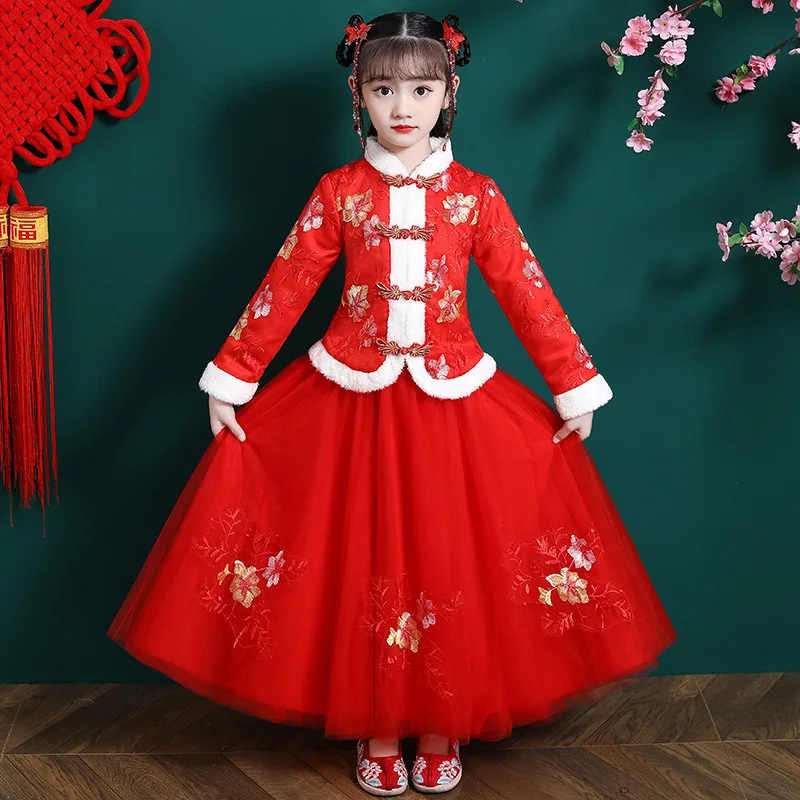 

Winter New Year Dress Girls Embroidery Tang Suit Kids Chinese Lovely Ancient Hanfu Children Cotton-padded Clothes