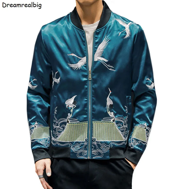 

Chinese Style Red-Crowned Crane Embroidery Men Satin Baseball Jacket 2023 Spring Autumn Stand Collar Mens Casual Bomber Jacket