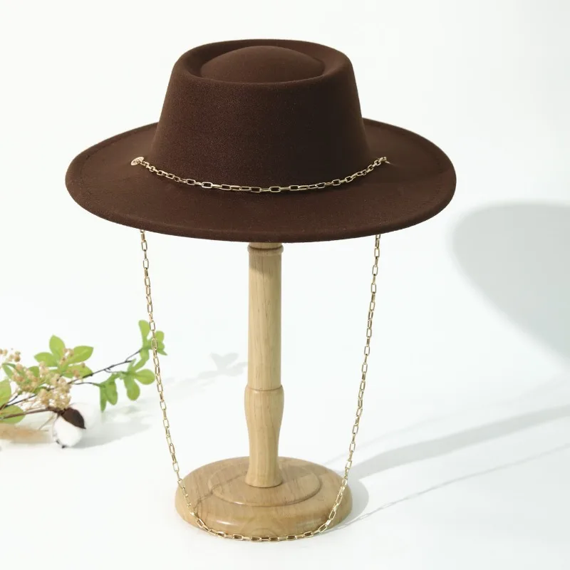 Unisex Autumn Winter Chain Ring Indented Crown Wide Brim Felt Fedora Hat