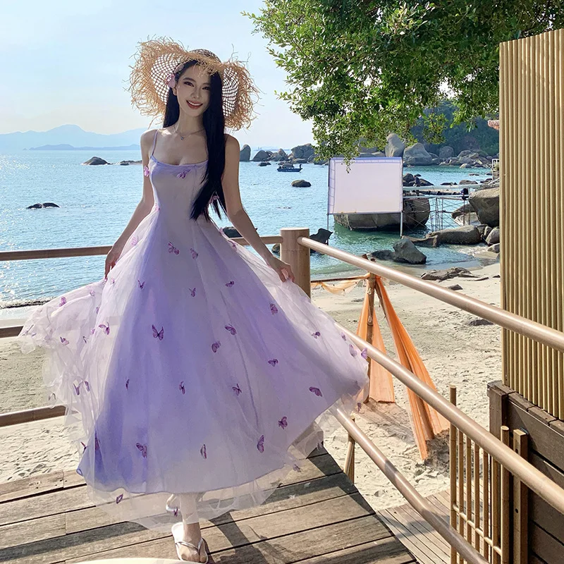 

Summer New Fashion Korean Version Beach Resort-style Purple Three-dimensional Butterfly Net Tulle Long Skirt Gentle Halter Dress
