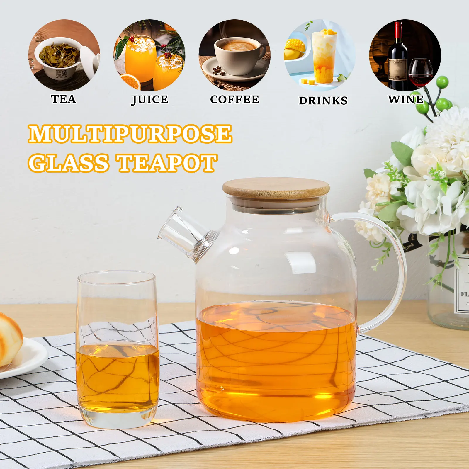 1.8L Glass Pitcher with Lid Large Capacity Clear Glass Water Pitcher Heat Resistant Explosion-Proof for Hot Cold Tea Juice