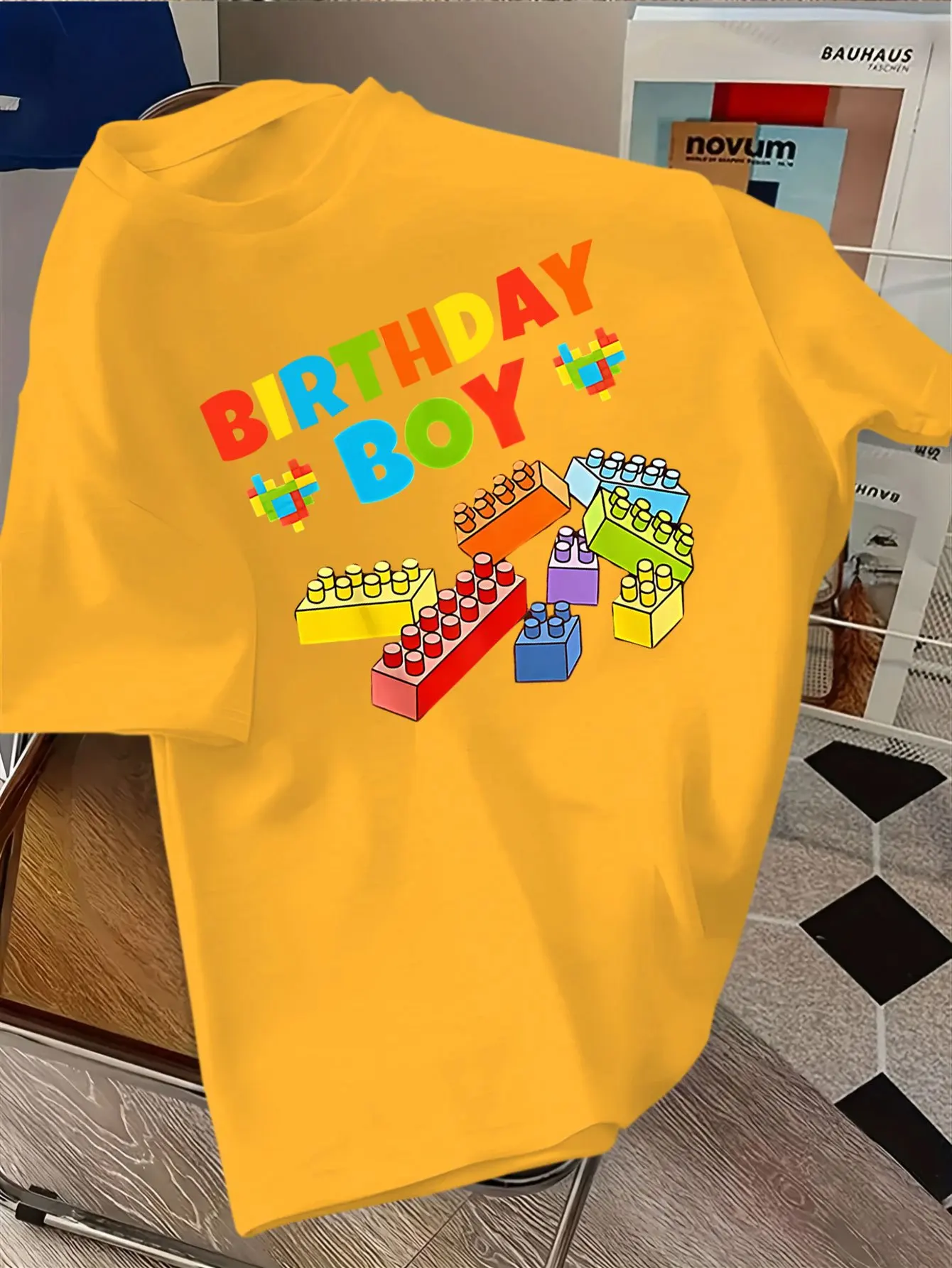 Kids Cotton Tee Birthday Boy Colorful Building Blocks Cartoon Print Crew Neck Short Sleeve Boy Birthday Party Casual Tops