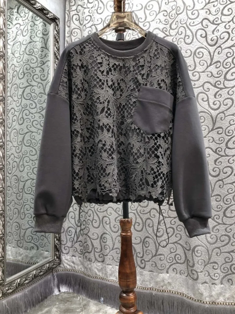 Nomikuma besticktes, ausgehöhltes Spitzen-Patchwork-Saum-Sweatshirt mit Kordelzug und Rundhalsausschnitt für Damen, 2024, Herbst-Nischen-Casual-Top