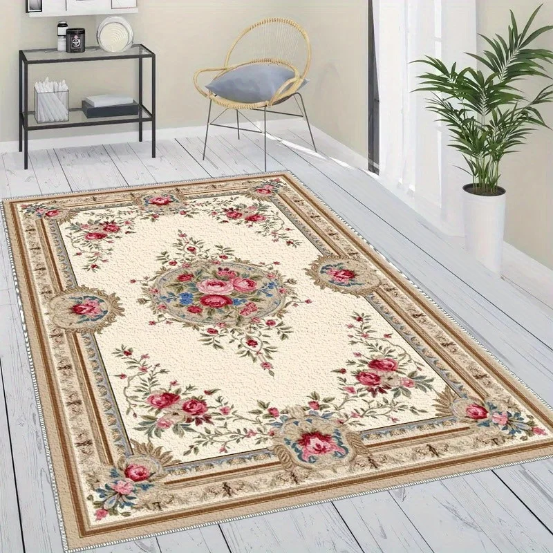 VIKAMA European Vintage Floral Area Rug Classic Ornate Rose Medallion Border Print Non‑Slip Washable Living Room Home Floor Mat