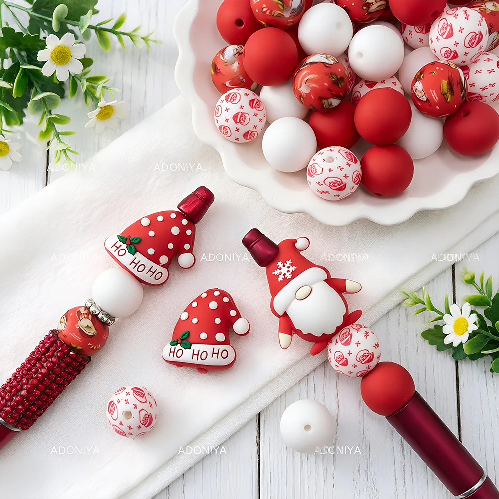 34-teiliges Set mit roten und grünen Weihnachtsmützen-Silikonperlen, zum Basteln von Perlenketten, Armbändern, als Dekoration für Stifte, Schmuckanhänger usw. Geburtstagsgeschenk für die Feiertage – Detail 3