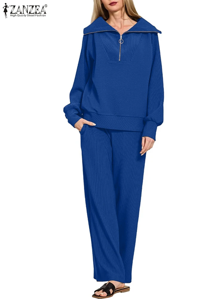 

2025 ZANZEA, осенне-зимние вязаные комплекты из 2 предметов, модный женский костюм-свитшот, толстовки с длинными рукавами, брюки, комплекты, офисная одежда, спортивный костюм