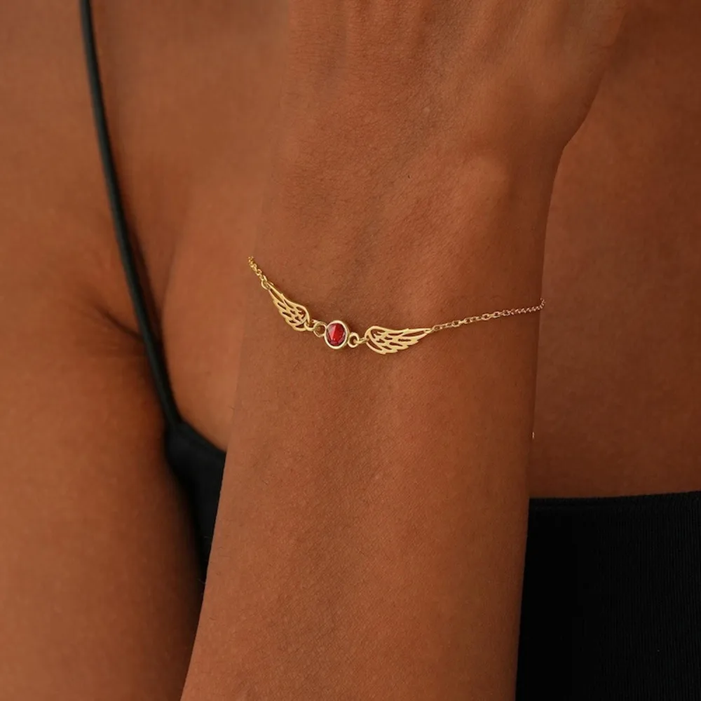 Pulsera de Acero Inoxidable Personalizada con Alas de Ángel y Piedra de Nacimiento para Mujer, Pulsera Delicada con Cristales, Joyería Chapada en Oro, Regalo de Cumpleaños