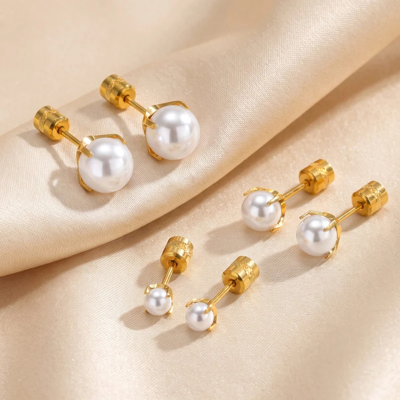 Pearl Stud Earrings for Women, Waterproof Stainless Steel Solitaire CZ Screw Back Reversible Jewelry 4mm 6mm 8mm