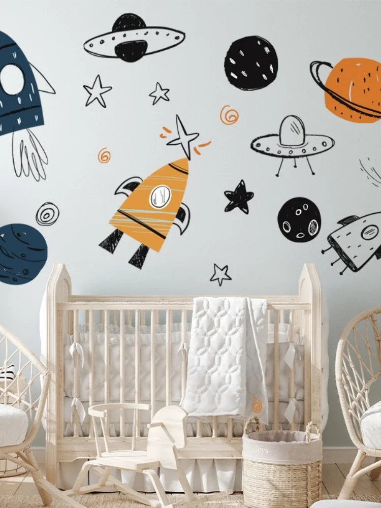 Hand Painted Watercolor Rocket Planet Wall Stickers Home Room Bedroom Decor Interior Stickers For Kids Rooms