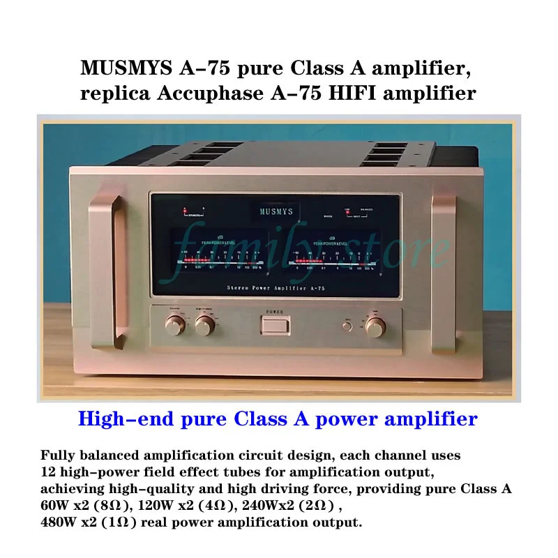 High-end Class A power amplifier MUSMYS A-75,Replica Accuphase A-75 HIFI power amplifier, pure Class A: Stereo 480W*2