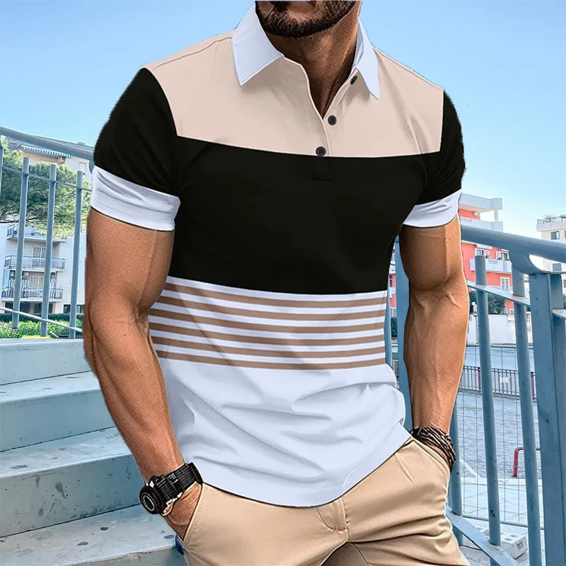 Men's Casual Polo Shirt, Digital Printing, Striped Button, Collar Top, US Size, GZMS-2024L, New