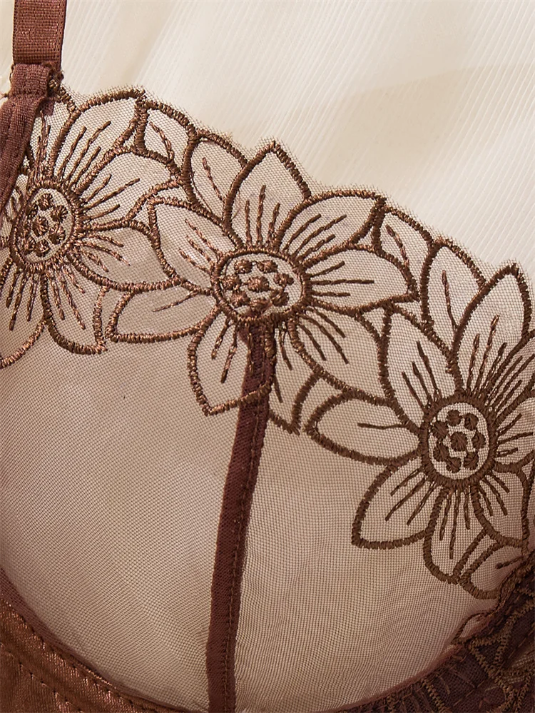 الملابس الداخلية الترا مثير شبكة الملابس الداخلية حساسة التطريز شفافة الصدرية مجموعة القهوة ثلاث نقاط مجموعات الحميمة الملابس الداخلية المثيرة الساخنة #4