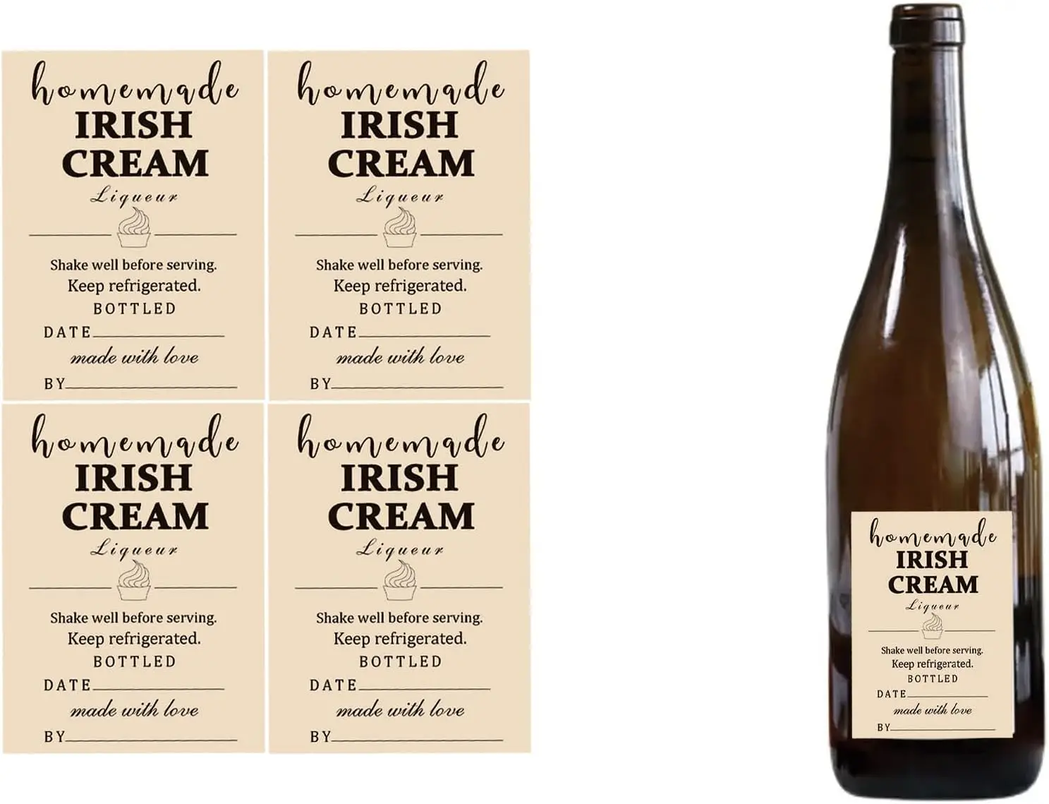 48 Pack Homemade Irish Cream Liqueur Labels 2×2.5 inch Personalized Irish Cream Liqueur Instruction Stickers for Handcrafted