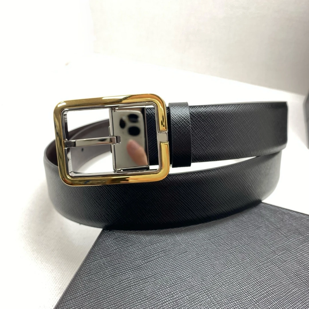 Luxury Brand Men's Reversible Leather Belt Rotatable Pin Buckle Cross Grain Cowhide Business Formal 35mm Casual Waist Strap Gift