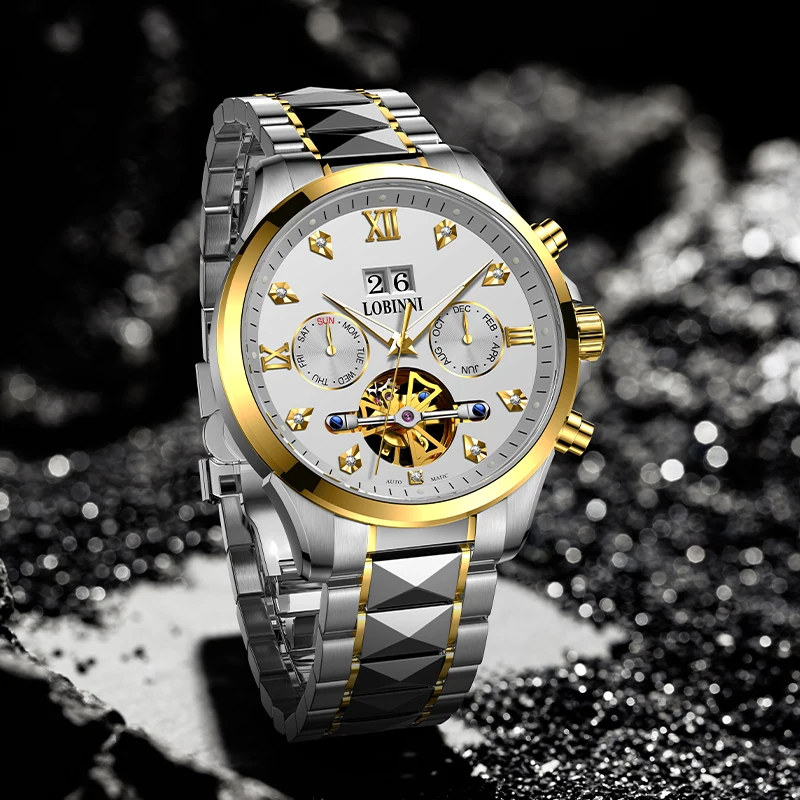 LOBINNI New Men's 50m Waterproof Top Brand Business 42mm Automatic Watch With Stainless Steel Band