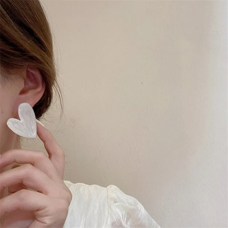 White Color Big Heart Stud Earrings for Women Girl Korean Love Drop Glaze Aesthetic Daily Life Minimalist Jewelry Piercing Ear image 4