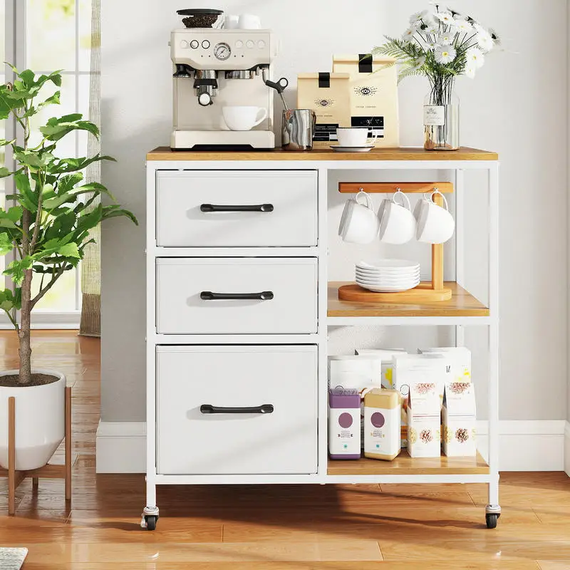 

3 Drawer Mobile File Cabinet with Charging Station Rolling Printer Stand with Open Storage Shelves-Natural