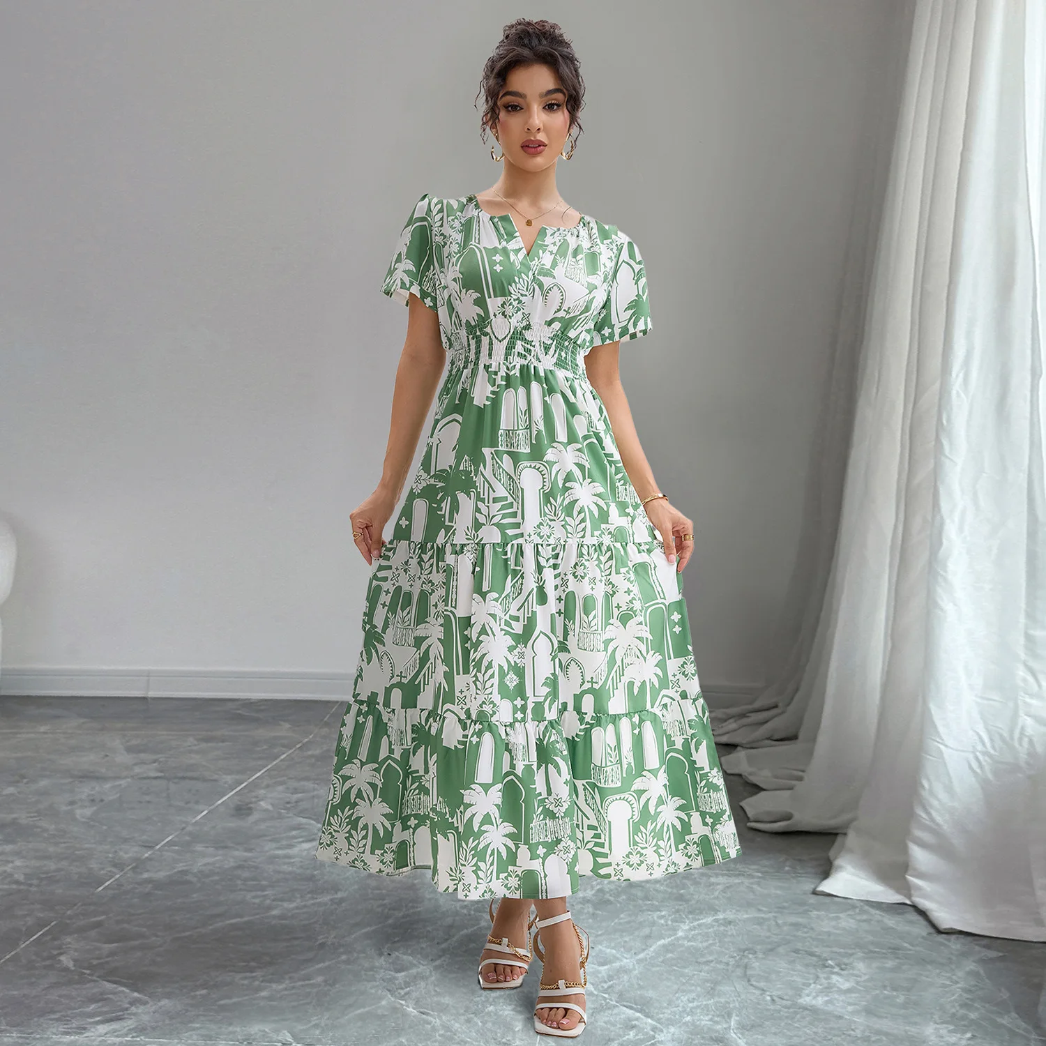 

Long Dress Women Dresses A Line Vestidos Streetwear V Neck Short Sleeve Print Elegant Splice Y2k High Waist Beach Summer 2025