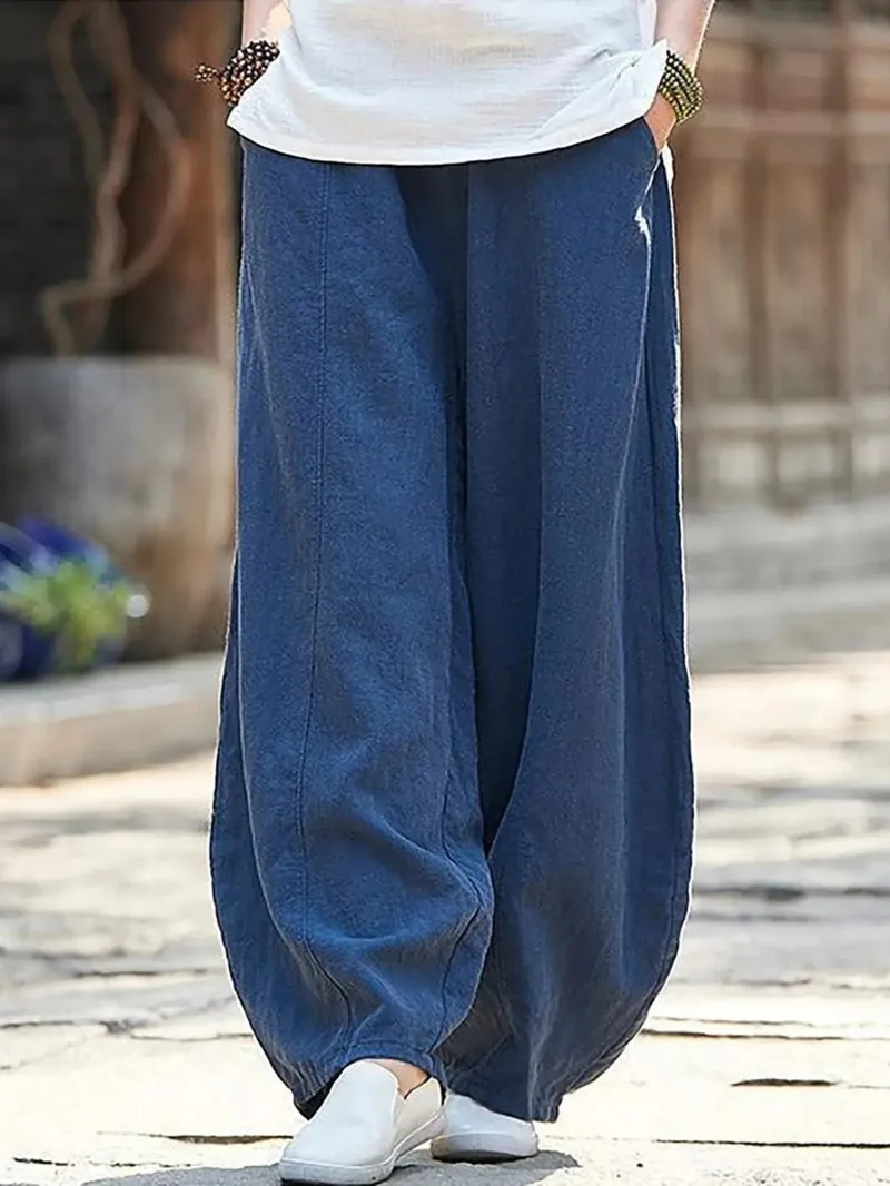 

S-3XL Spring Summer Cotton Linen Style Bloomers Wide Leg Pants Women Vintage Full Length Elegent Pants Solid Elasitic Waist L4Q