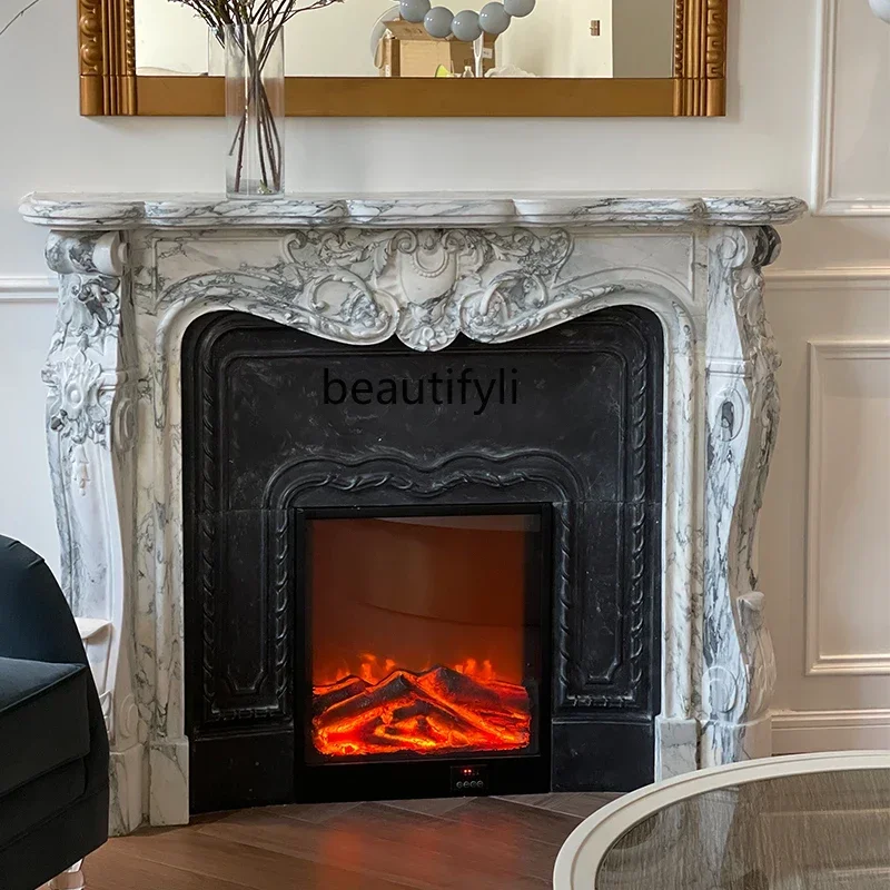 

P Marble fireplace French living room stone carving white stone mantel fireplace decoration
