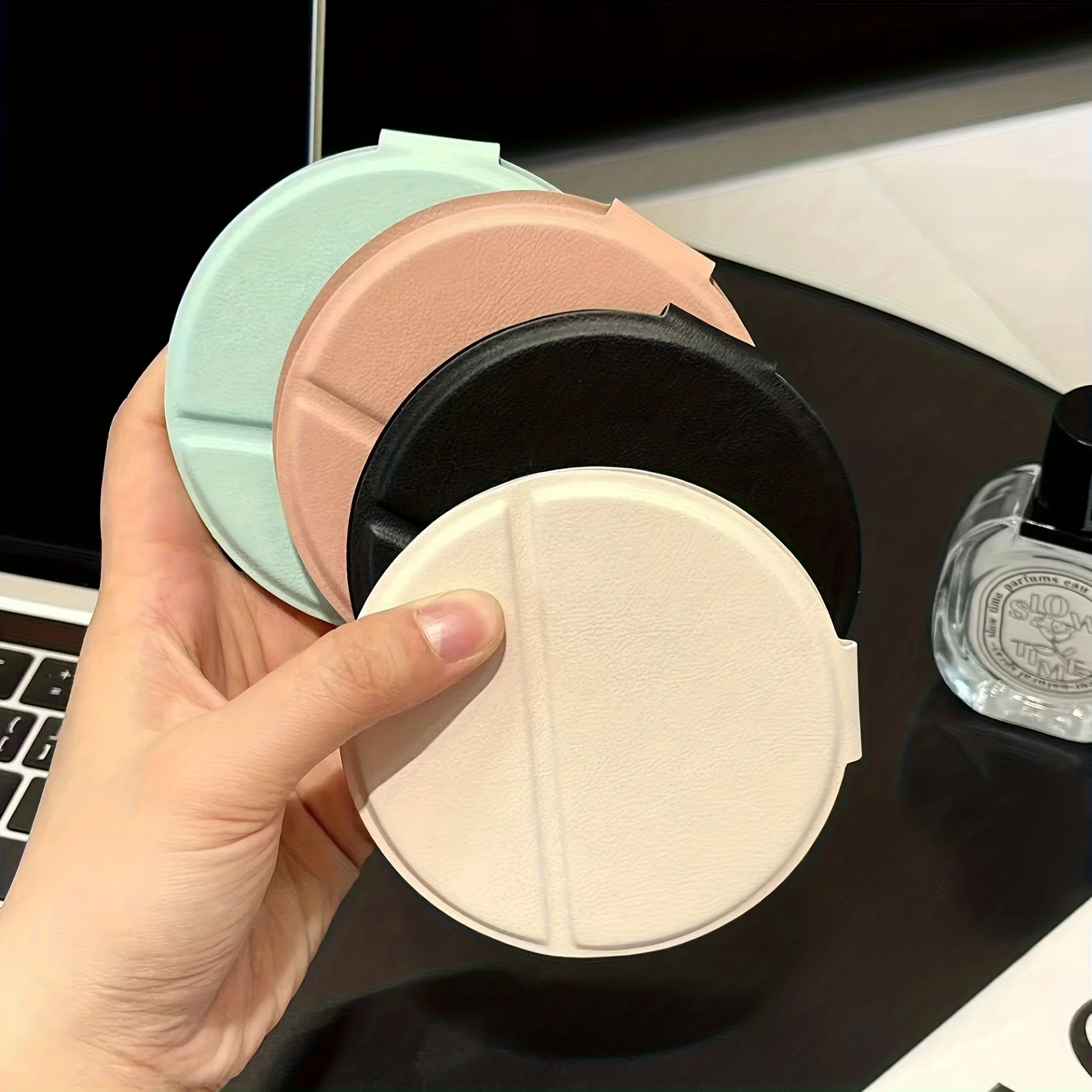Round Makeup Mirror Leather Folding Mirror Portable Travel Touch Up Makeup Cosmetic Tool Desktop Can Stand Up Mini Mirror Gifts