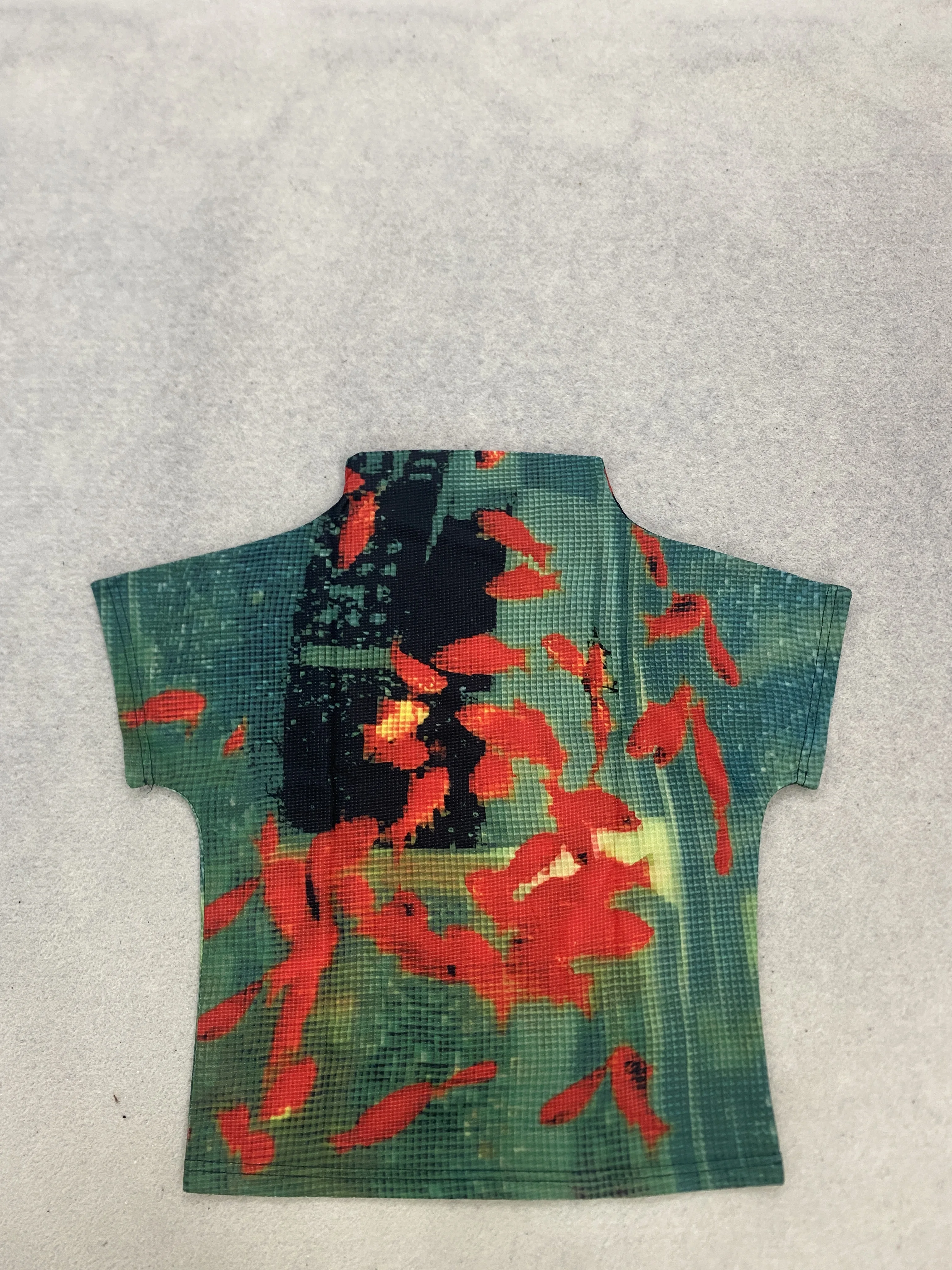 Y2K Vintage Goldfisch Allover-Print Mesh Rollkragen-Top Damen Retro Grün Waffelstruktur Slim Kurzarm-T-Shirt