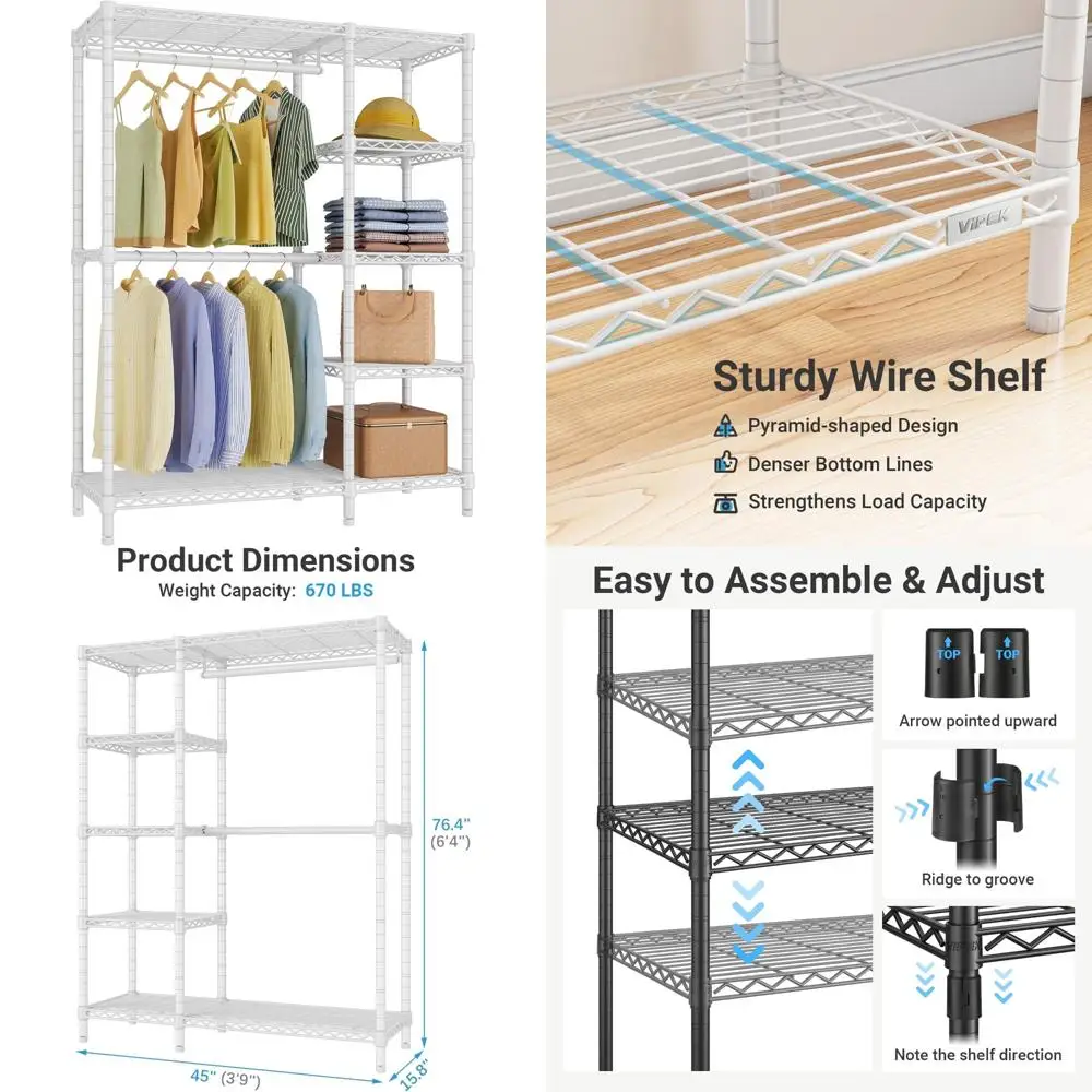 

Heavy-Duty Portable Metal Clothes Rack with Shelves and 5 Tie Bars for Hanging Garments and Storage