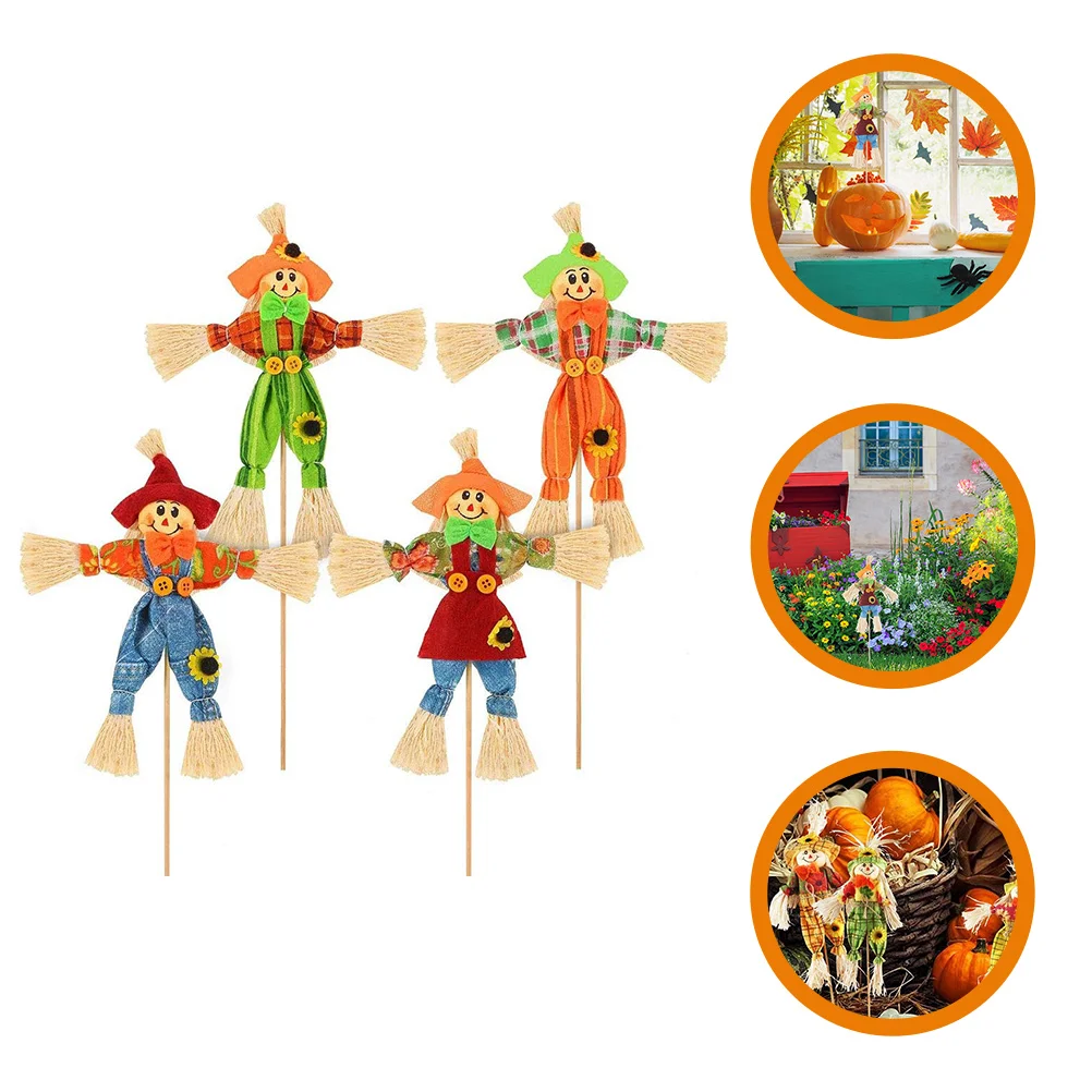 

4 Pcs Halloween Scarecrow Pumpkin Decorations Fall Outdoor Garden Stick Ornaments Straw Bamboo Lightweight Durable Festive