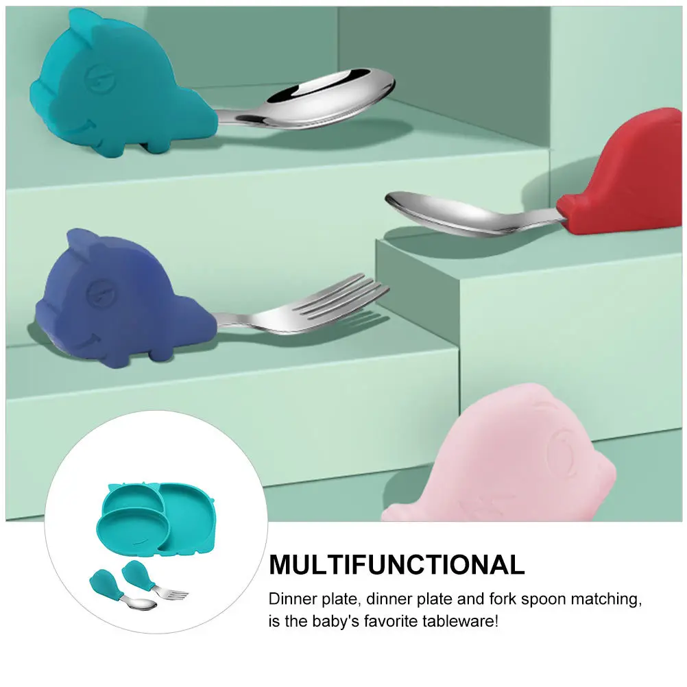 

1 комплект, силиконовая тарелка с отделениями, инновационный стабильный дизайн, тренировочная посуда, обеденная тарелка, вилка, набор ложек, пищевой класс