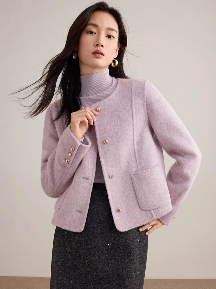 

SENTUBILA Women's Short Woolen Coat 2025 Winter O-neck Long Sleeve Jackets Double Sided Wool Cardigan Female Clothing W54OG2739
