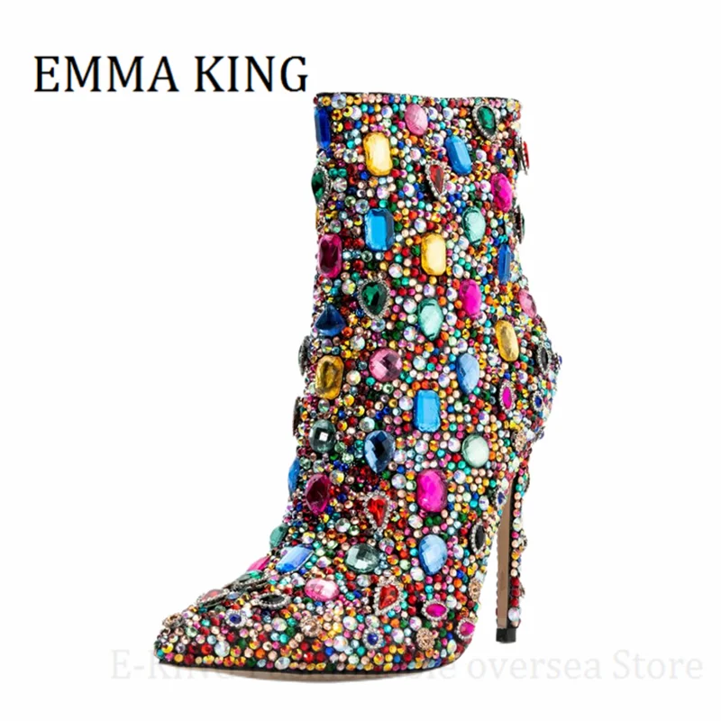 Women Multicolor Crystal Ankle Boots Sexy Stiletto Heels Rhinestone Cocktail Booties Ladies Bling Party Shoes Botas De Mujer