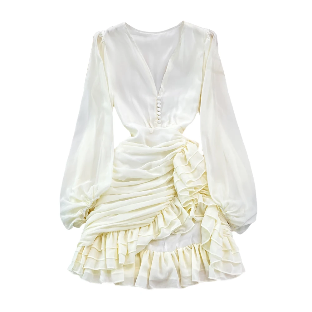 Vestido de Primavera com Decote em V, Design Irregular em Camadas, Barra de Renda, Cintura Ajustável, Saia Psada Curta, Es...