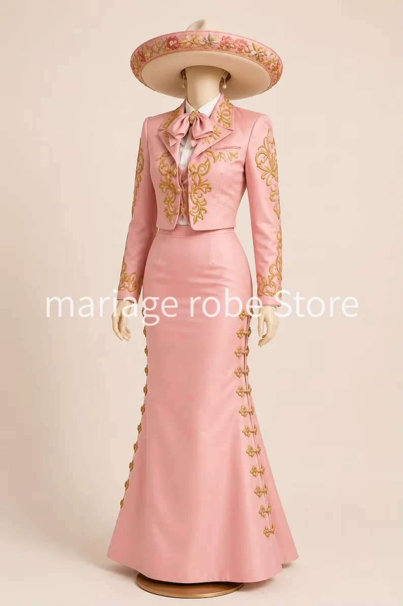 Custom Pink Charro prom party Dress for Women Mexican Mariachi Dress Embroidered Ranchera Outfit Escaramuza Fiesta evening Gown