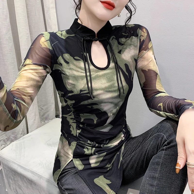 MadBlack, European Clothes T-Shirt, Sexy Women Stand Hollow Out Print Top, Retro Long Sleeve Slim Mesh Tee, Fall Winter T40328CC