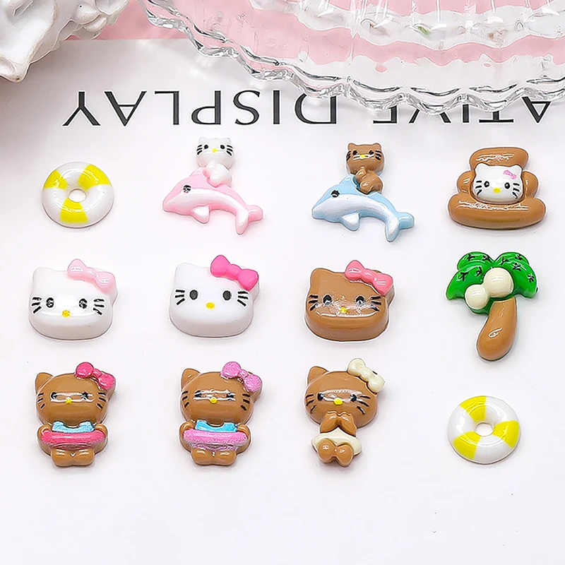 20Pcs Sanrio Hawaiian Holiday Black Skin Hello Kitty Nail Art Accessories Cartoon Resin Nails Stickers DIY Jewelry Decoration