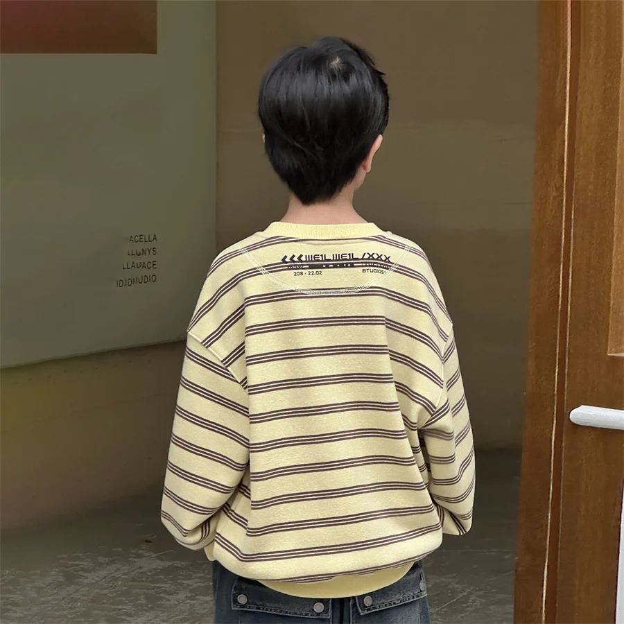 Children's Winter Insulated Striped Sweatshirt Trendy Design Kids Casual Warm Tops Boy Clothes Teenager Pullover Thermal Hoodie
