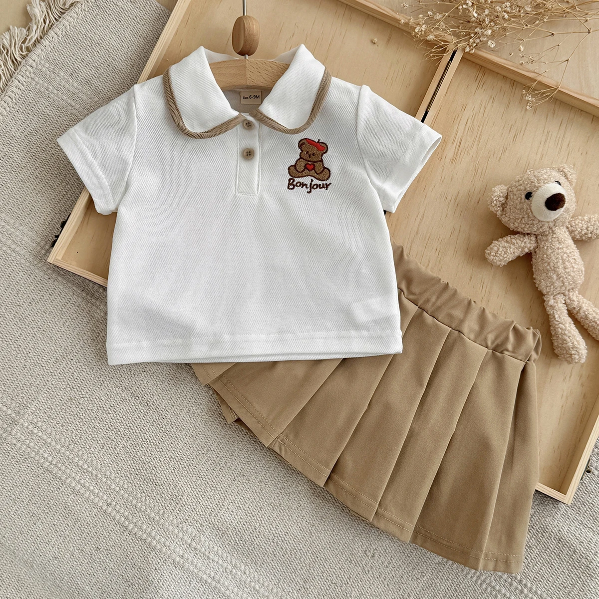 Summer Baby Girls Outfit Set Summer New Casual Style Children's Short Sleeve Bear Embroidery T-Shirt Pleated Skirt Stylish 2pcs