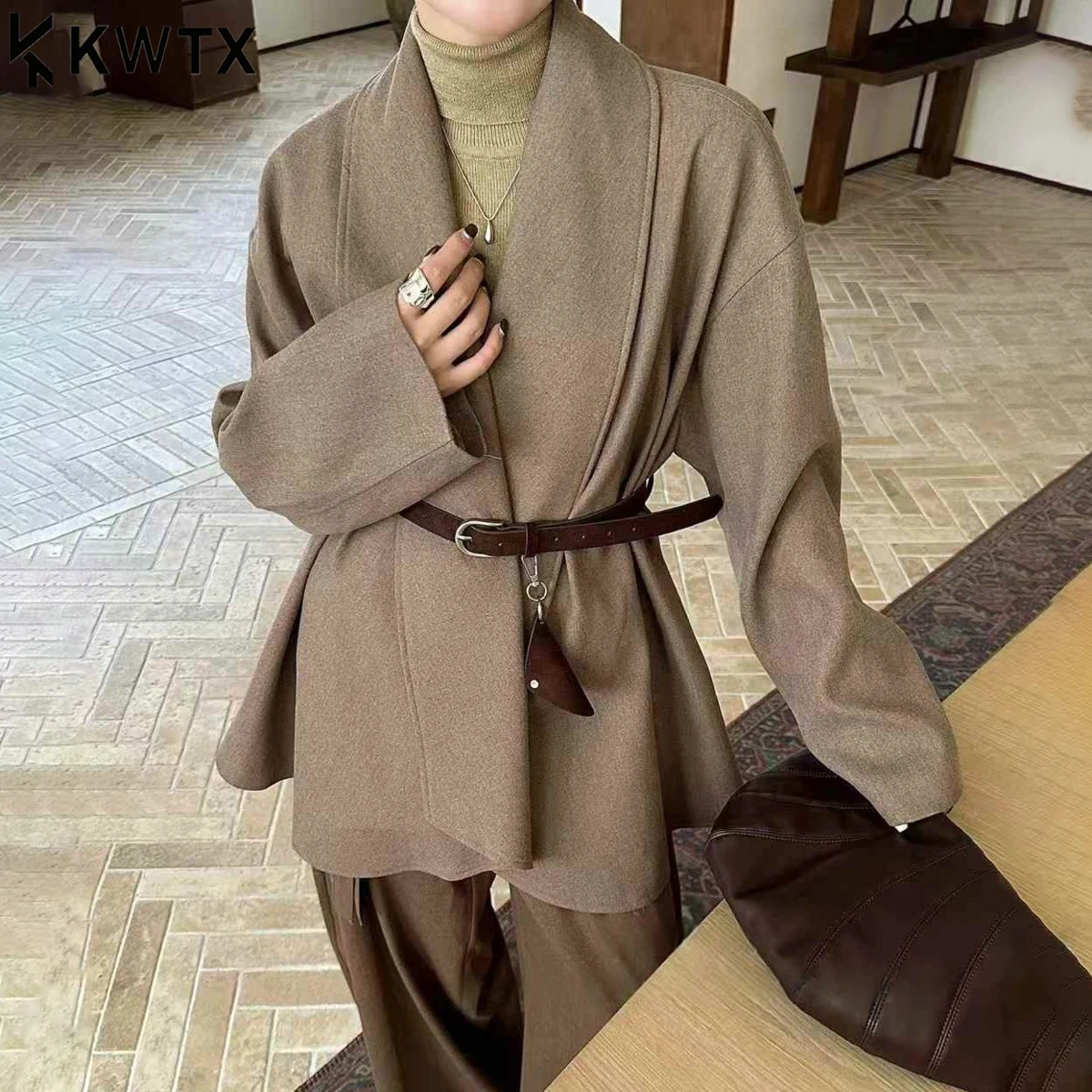 

KWTX 2025 Fall Winter Women's Solid Color Lapel Belted Long Sleeve Open Front Jacket Elegant Retro Chic Luxurious Outerwear