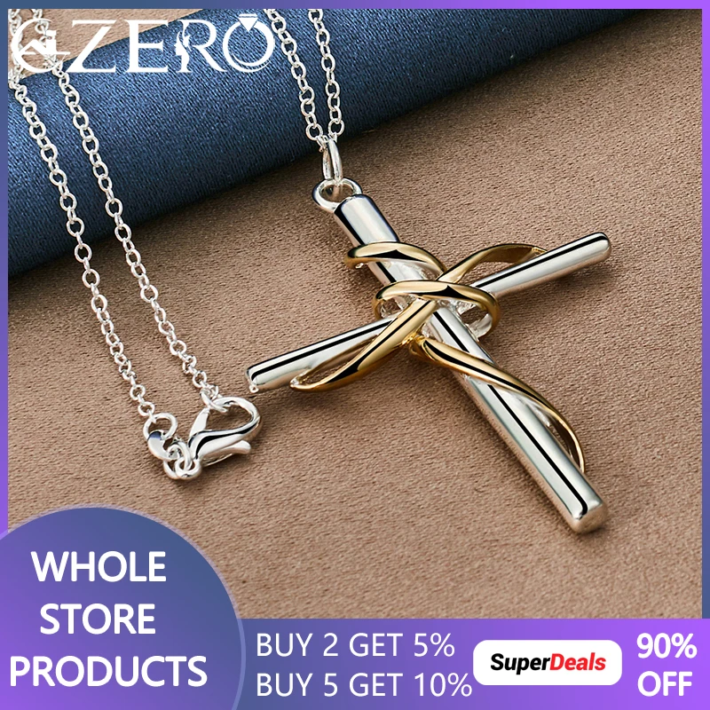 

925 Sterling Silver 18-30 Inch Chain Gold Line Surround Cross Pendant Necklace For Man Women Wedding Fashion Party Fine Jewelry