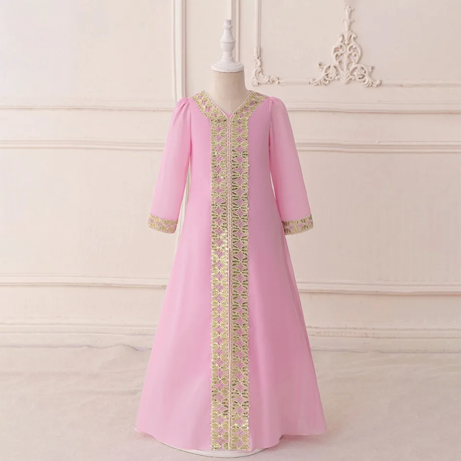 Muslim Chiffon Embroidered Girls Pink Long Dress Robe Dress Saudi Arabian Muslem Long-sleeved Evening Dress Party Princess ASQ03