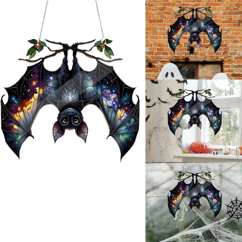 

Halloween Bat Stained Glass Suncatcher Window Hanging Acrylic Wall Art Suncatcher Decoration Ghosts Festival Colorful