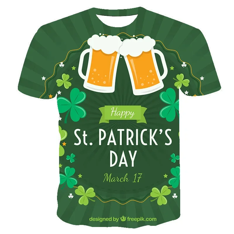 Irish St. Patrick's Day Clothing Green Clover Animal Cat 3D Printing Fashion Men Women's Casual Round Neck Short Sleeve T-shirt