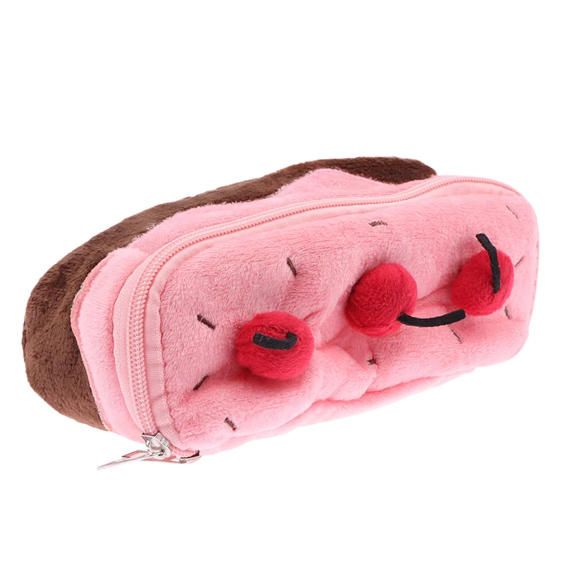 Cute Plush Cherry Cake Pencil Case Saco cosmético de alto valor Saco de papelaria de estudante Saco de armazenamento Grande capacidade