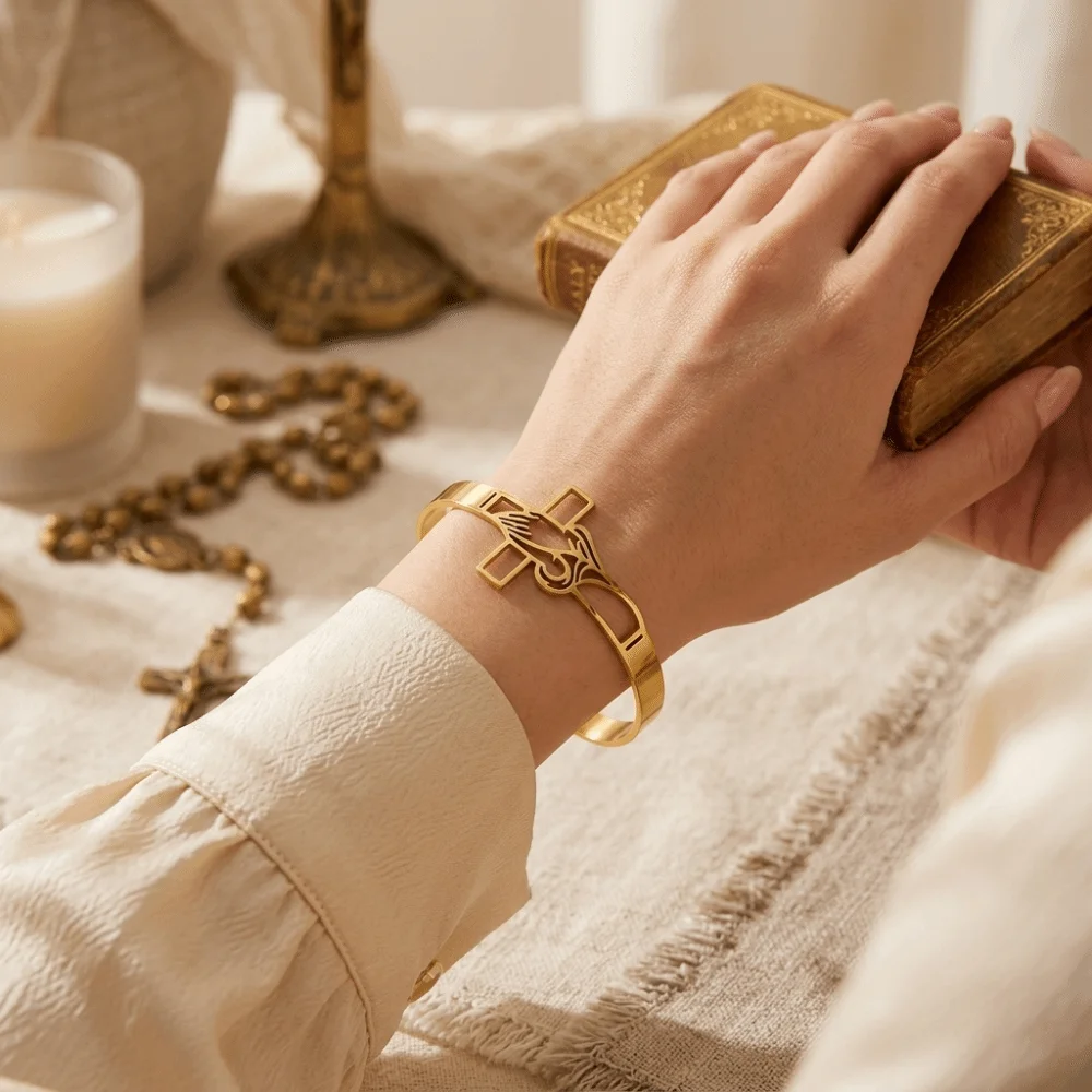 Polished Stainless Steel Cross Bangle Tarnish-Resistant Skin-Friendly Faith-Inspired Bracelet Open-Ended Design