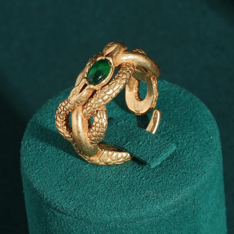

Vintage Jewelry Boho Snake Gold Color Rings 18k Green Natural Stone Antique Woman Designer Luxury Accessories Engagement Opening