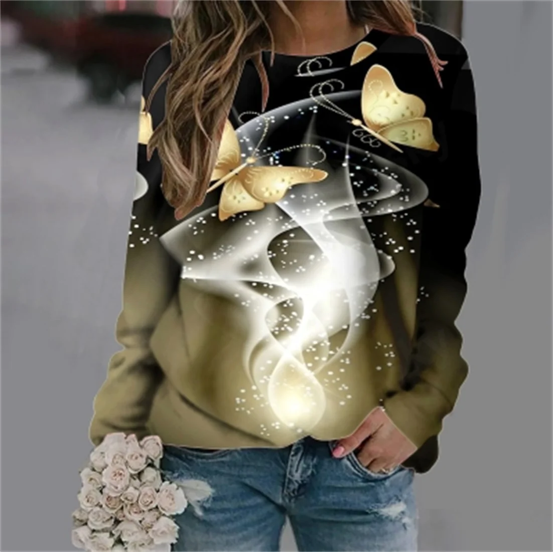 

Women's sports and leisure round neck long sleeved hoodie pullover hoodie fashionable printed hoodie top