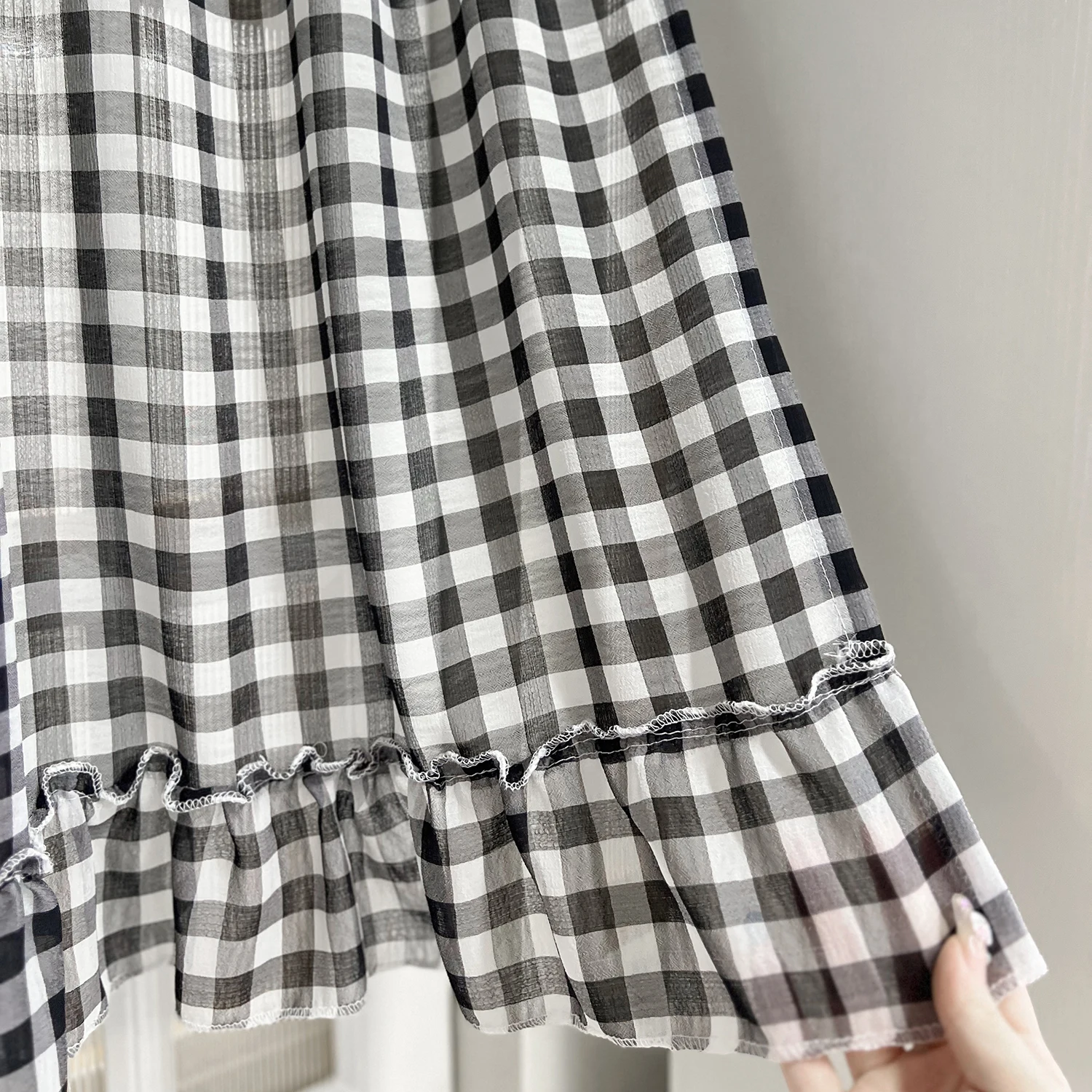 Classic Black White Plaid Ruffle Short Curtain Sheer For Kitchen Retro Tulle Drapes For Bedroom Small Window Coffee Half-curtain
